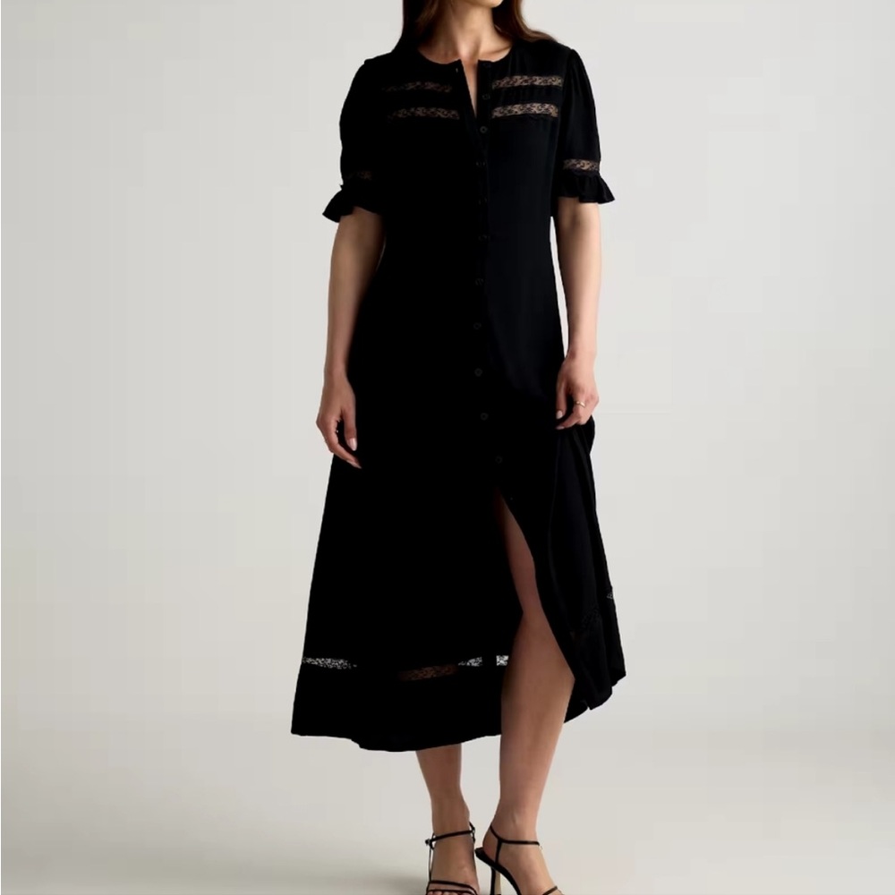 Quince Women Lightweight Crepe Lace Inset Midi Dress Black - Sz Large NWT - Picture 2 of 14